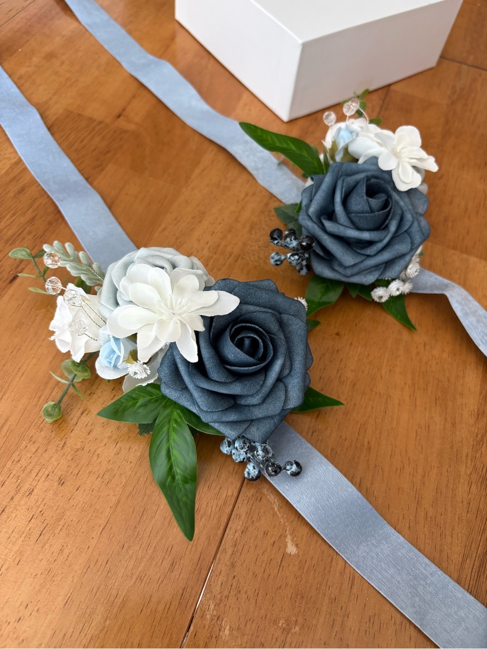 Lings moment Navy Blue Fabric Rose Wrist Corsage with White Accents